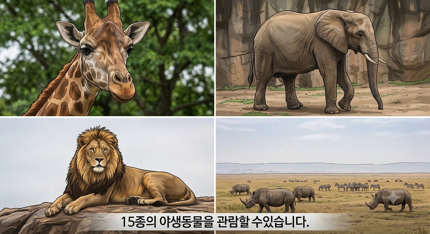 기린·코끼리·사자·코뿔소를 표현한 동물 소개 참고 이미지