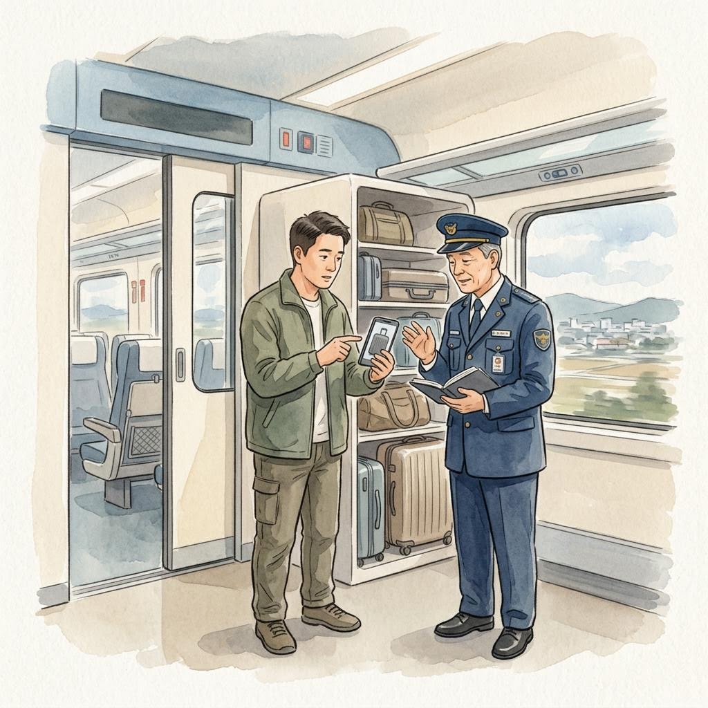 국내 열차에서 캐리어가 사라진 사실을 알고 승무원에게 알리는 상황을 표현한 AI 편집 삽화