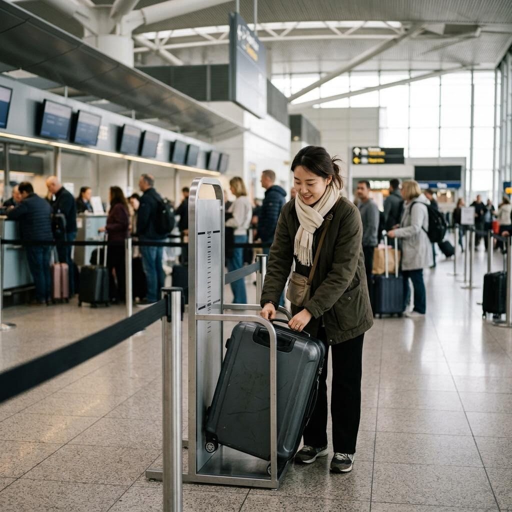 공항 체크인 전에 기내 및 위탁수하물 규격을 확인하는 모습