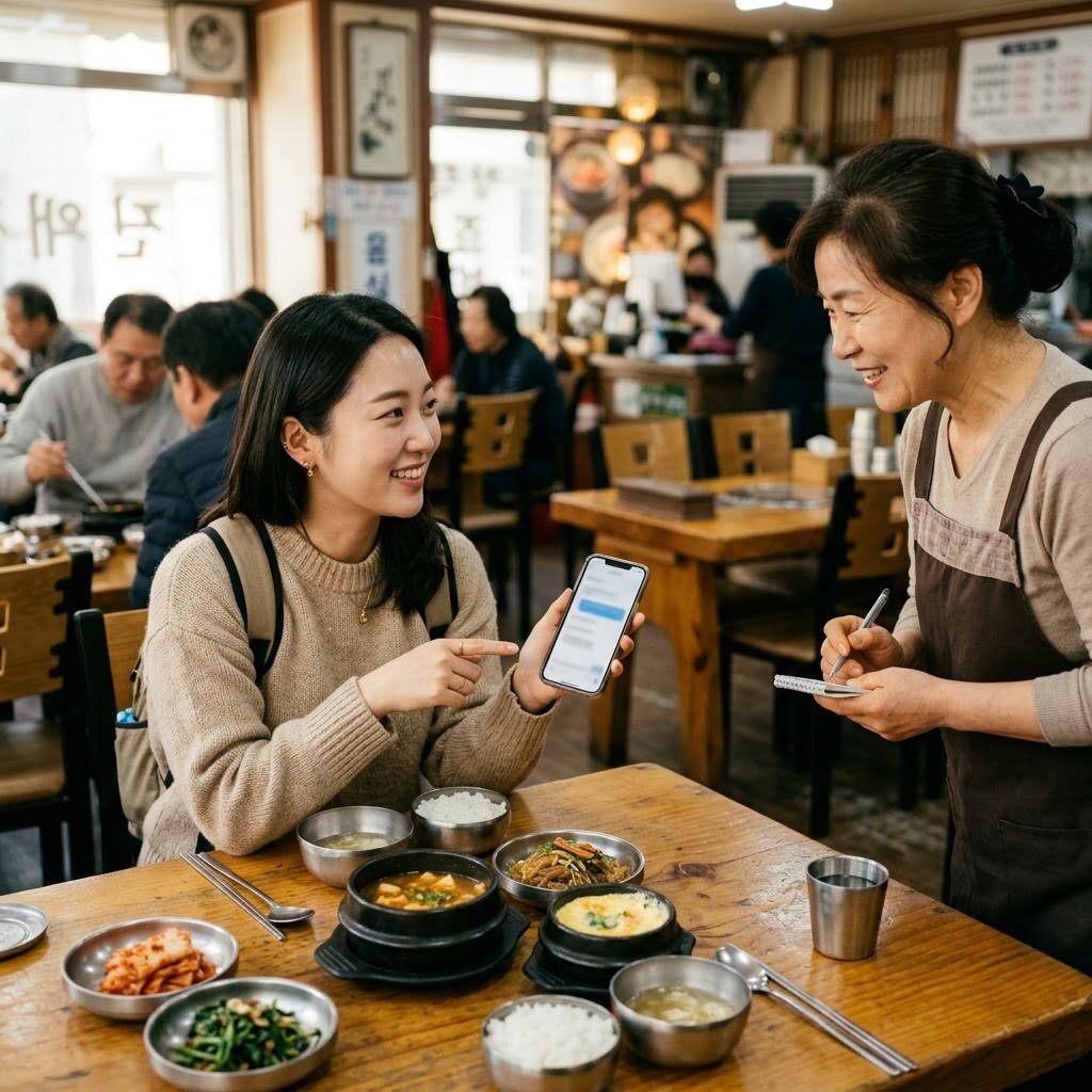 번역한 메뉴와 알레르기 안내 문장을 식당 직원에게 보여주는 모습