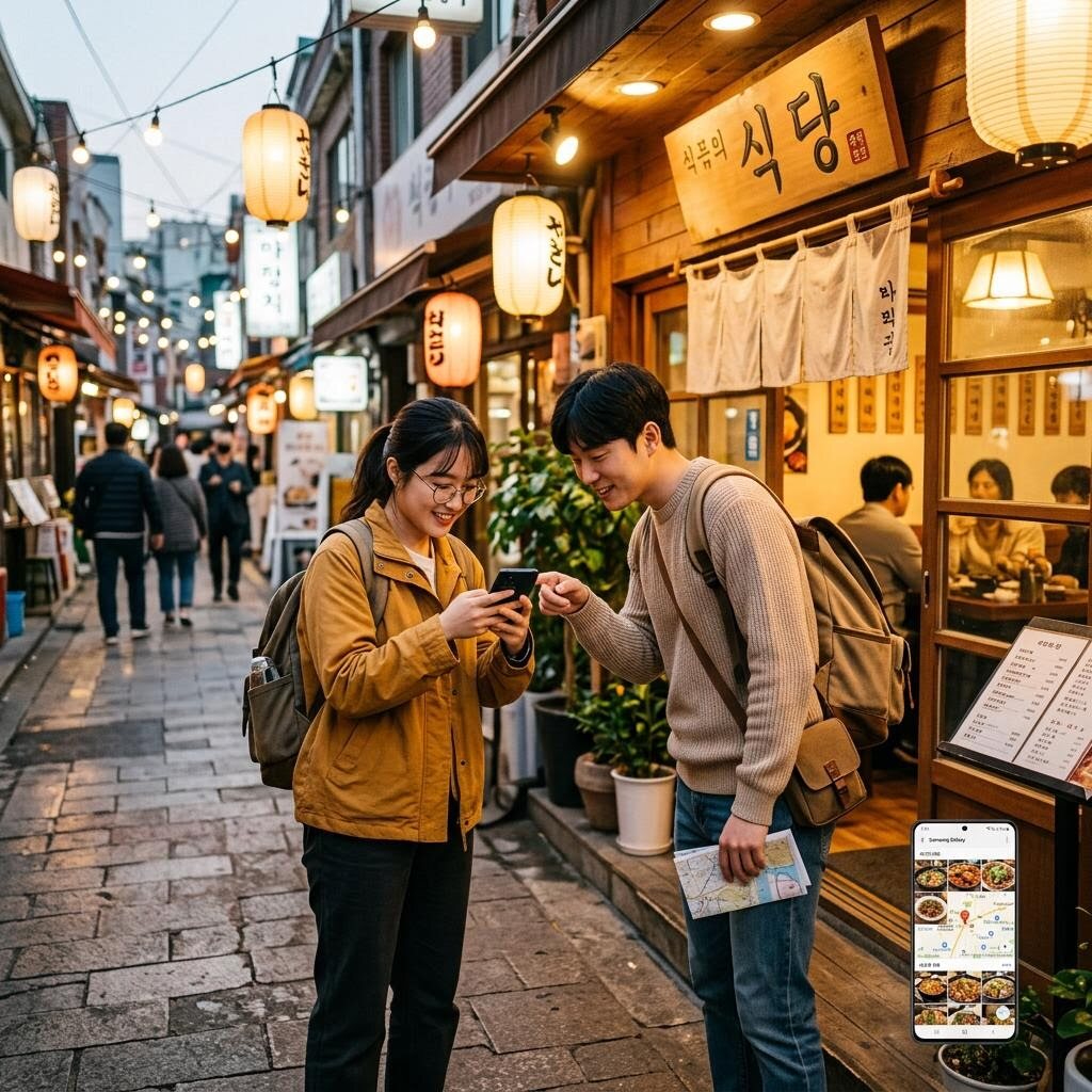 지도 앱에서 여행지 주변 식당 후보 세 곳을 저장하는 화면