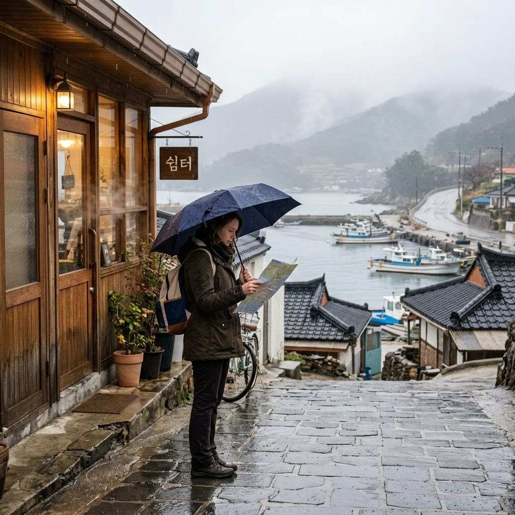 비 내리는 조용한 여행지에서 우산을 쓰고 지도를 확인하는 여행자