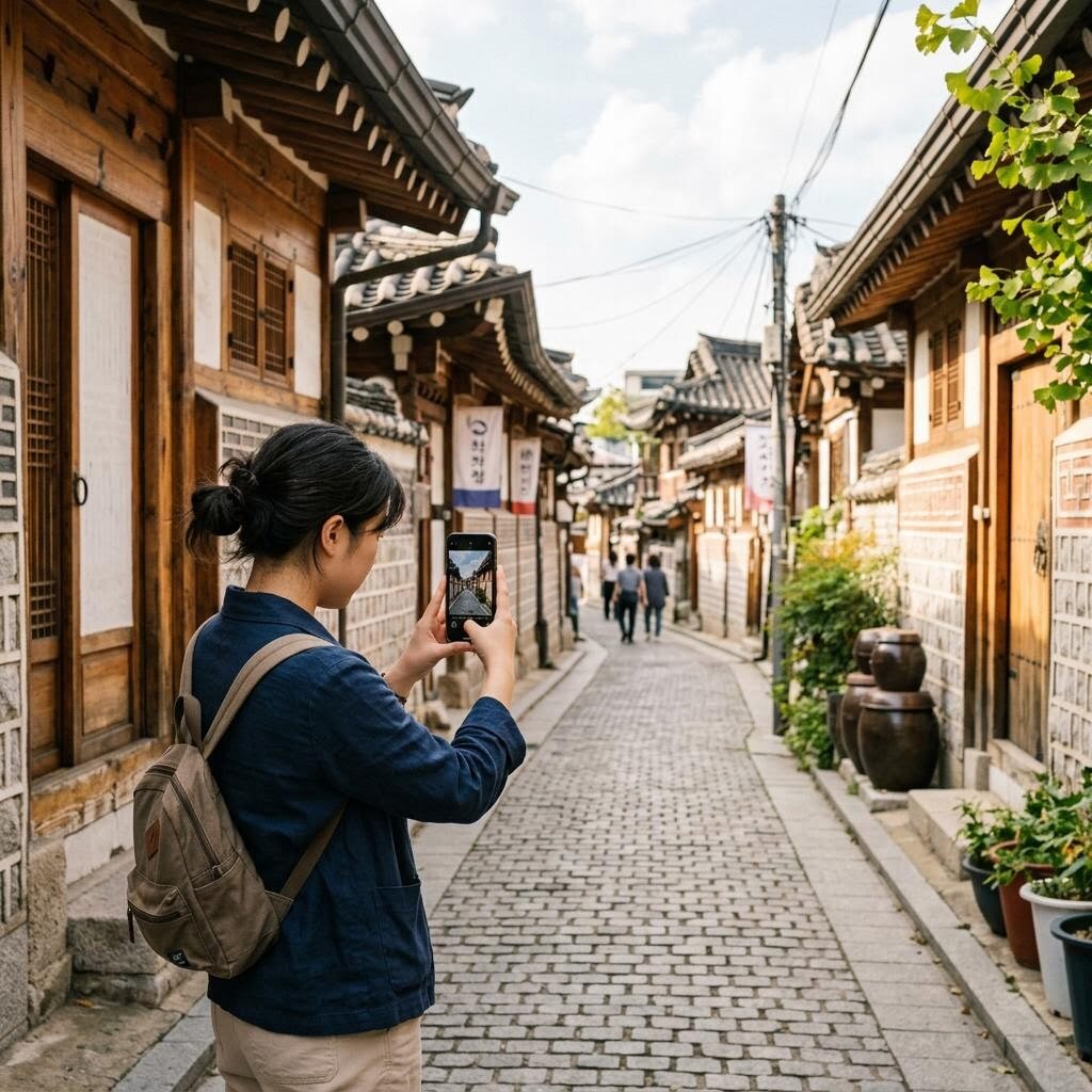 격자선으로 수평과 여행 사진 구도를 맞추는 카메라 화면